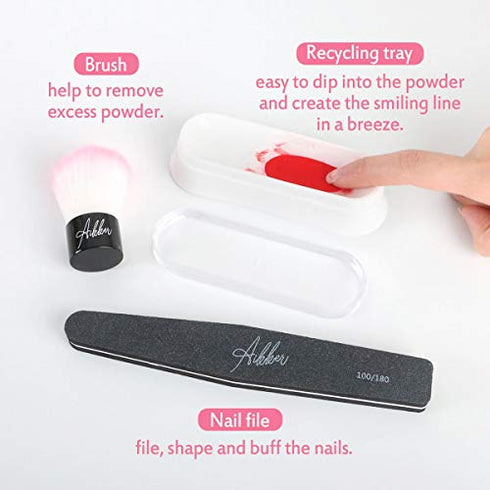 Aikker Dip Powder Gel Liquid Set 7pcs Base Top Coat Activator Dipping Powder Tools Kit with Recycling Tray Nail Brush File AK19