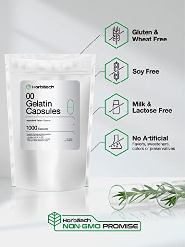 Clear Size 00 Empty Capsules | 1000 Gelatin Capsules | Resealable Bag | Non-GMO, Gluten Free | by Horbaach