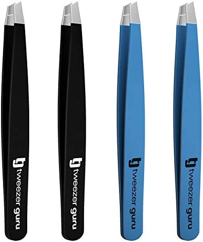 Tweezers Set - Tweezer Guru Stainless Steel Slant Tip Eyebrow Tweezers Set - Great Precision for Facial Hair, Ingrown Hair, Blackhead and Splinter Remover (4-Pack)