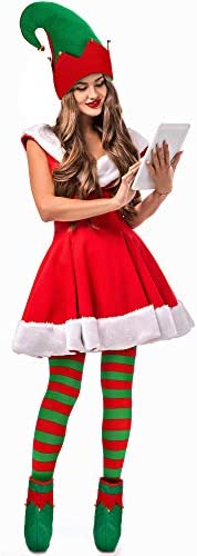 SATINIOR 4 Pieces Elf Christmas Women Costume Santa Elf Hat Elf Shoes Christmas Striped Tights Stocking Multicoloured