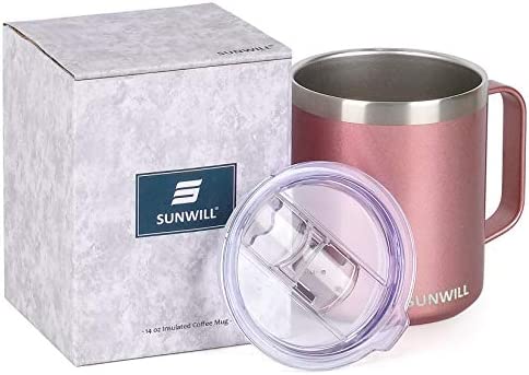 SUNWILL Coffee Mug with Handle, 14oz Insulated Stainless Steel Coffee Travel Mug, Double Wall Vacuum Reusable Coffee Cup with Lid, Rose Gold