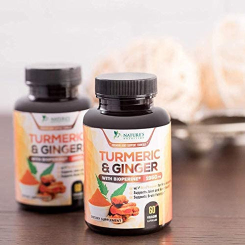 Turmeric Curcumin with BioPerine & Ginger 95% Curcuminoids 1950mg - Natural Joint Inflammatory Support, Black Pepper for Max Absorption, Nature's Tumeric Extract Supplement - 60 Capsules