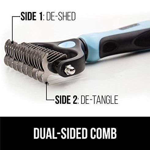 Gorilla Grip Stainless Steel Pet Grooming Rake, Comfort Handle, Dematting and Deshedding Dog Brush, Prevent Mats and Tangles, 2 Sided Cats and Dogs Hair Comb, Groom Short Long Undercoat Fur, Blue