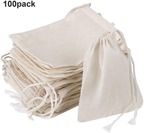 Pangda 100 Pieces Drawstring Cotton Bags Muslin Bags for Storage, Teas, Spices, Soaps, Candy, Jewellery, Wedding Party Favors and DIY Craft Home Decor (4 x 3 Inches)