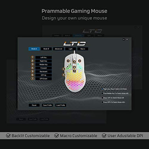 LTC Circle Pit HM-001 RGB Gaming Mouse with Lightweight Honeycomb Shell, Adjusted 6400DPI, 6 Programmable Buttons (White)