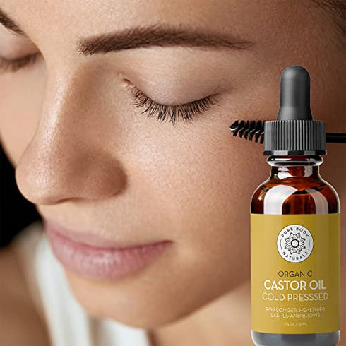 Organic Castor Oil for Eyelashes and Eyebrows with Applicator Kit, Brow and Eyelash Growth Serum by Pure Body Naturals, 1 fl oz