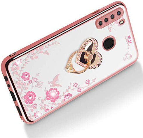 B-wishy for Samsung Galaxy A21 Case for Women, Glitter Crystal Butterfly Heart Floral Slim TPU Luxury Bling Cute Protective Cover with Kickstand+Strap for A21(Rose Gold)
