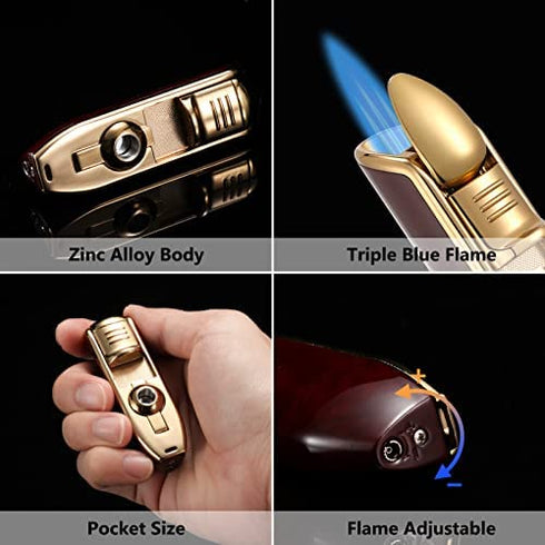 Butane Torch Lighter, Triple Jet Flame Lighters Durable Metal Body Portable Size with Cigar Cutter Luxury Gift Packaging, Torch Lighters Butane Refillable (Sold Without Butane)