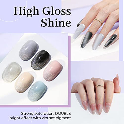 Modelones Holographic Gel Nail Polish Set 6 Colors, Iridescent Pastel Winter Rainbow 9D Cat Eye Magnetic Glitter Manicure Kit Soft Nude Pink Blue Purple Black Shimmer Effect at Home Gifts for Women Girls