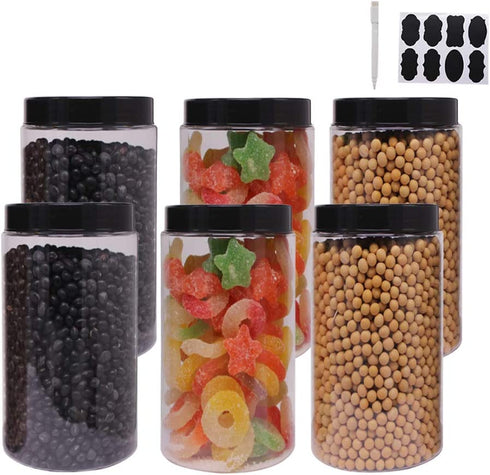 6 Pack 40 oz Plastic Jars With Lids, Extra Labels, 1 Pen, Clear PET Seal Jar for Food Storage,Wide Opening Storage jar For Dry Food, Peanut, Powder, Kitchen & Craft Storage by ZMYBCPACK
