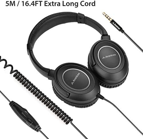 Avantree HF039 Long Coiled Cord Headphones for TV and PC with Volume Control, Stero/Mono Control,16.4 Feet / 5M Extended Range Cable, 3.5mm AUX Audio, Stereo Sound Spiral Wired Over Ear Headphones