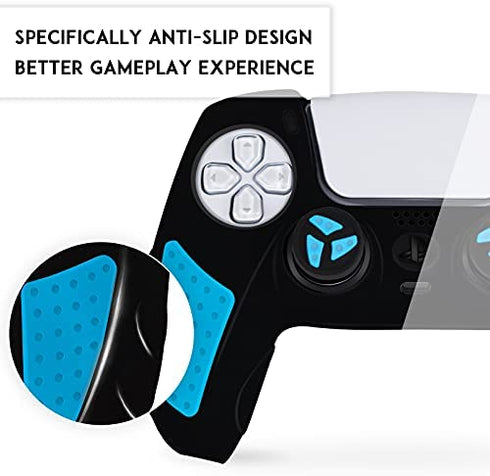 SIKEMAY PS5 Controller Cover Skin, Anti-Slip Thicken Silicone Protective Cover Case Perfectly Compatible with Playstation 5 Dualsense Controller Grip with 10 x Thumb Grip Caps (Black-Blue)