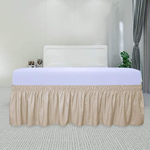 PureFit Wrap Around Ruffled Bed Skirt with Adjustable Elastic Belt - 18 Inch Drop Easy to Put On, Wrinkle Free Bedskirt Dust Ruffles, Bed Frame Cover for Queen, King and C-King Size Beds, Beige
