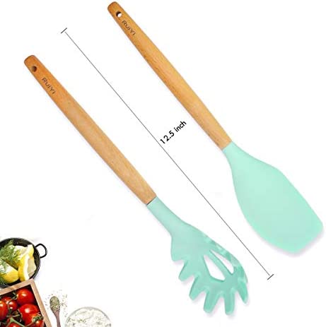 Silicone Spatula Set Pasta Spoon Cooking Utensils Set for Nonstick Cookware Pioneer Natural Wooden Handle Utensils Gift for Woman Mom Family(Mint Green)