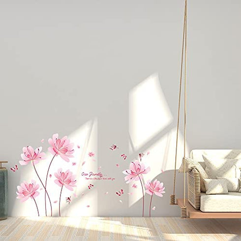 BuerHomie Pink Flowers Wall Stickers, Butterfly Decals for Living Bedroom, Art Décor for Nursery Girl Kids Room, Easy Furniture Refurbishment DIY