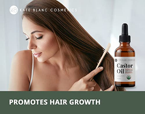 Castor Oil (2oz), USDA Certified Organic, 100% Pure, Cold Pressed, Hexane Free by Kate Blanc Cosmetics. Stimulate Growth for Eyelashes, Eyebrows, Hair. Skin Moisturizer & Hair Treatment Starter Kit