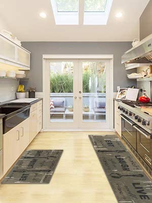 Carvapet 2 Piece Kitchen Rug Set Non-Slip Backing Mat Throw Rug for Kitchen Doormat Runner Rug Set, Motto Design, Taupe(17"x48"+17"x24")