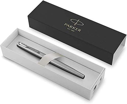 Parker Jotter Fountain Pen, Stainless Steel Body, Medium Point, Blue Ink, Includes Gift Box