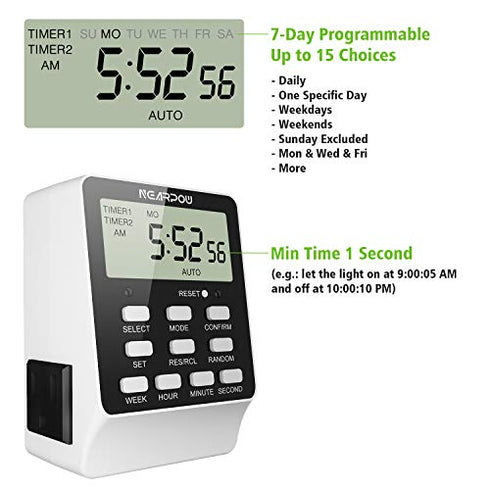 Outlet Timer, NEARPOW Dual Digital Light Timer with 2 Independently-controlled Outlets, 18 ON/OFF Programs, 24-Hour and 7-Day Programmable,Indoor Heavy Duty Electrical Timer Switch, 3 Prong, 15A/1800W