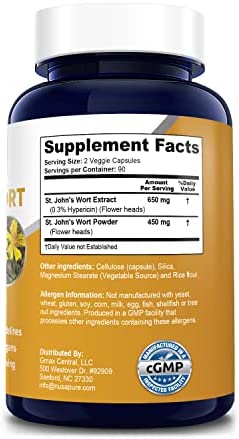 St. John's Wort 1100 mg per Serving. 180 Veggie Capsules (Vegetarian,Non-GMO & Gluten-Free) 1950 mcg Hypericin per Serving