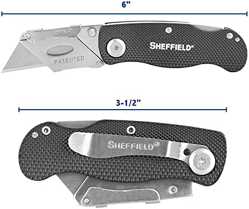 Sheffield 12613 Ultimate Lock Back Utility Knife, Folding, Box Cutter Knife, Carpet Knife, Drywall Cutter, and More, Quick-Change Blade, Back Lock Design, Black
