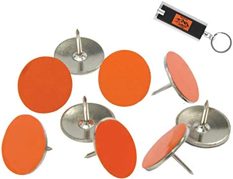 Orange Reflective Tacks 100 Pack Trail Marking Tacks, Glow Tacks, Hiking Markers, Trail Marking Reflectors, Mark Trail Reflective Thumb Tacks for Hunting, Orange Tacks with Included LED Keychain Light