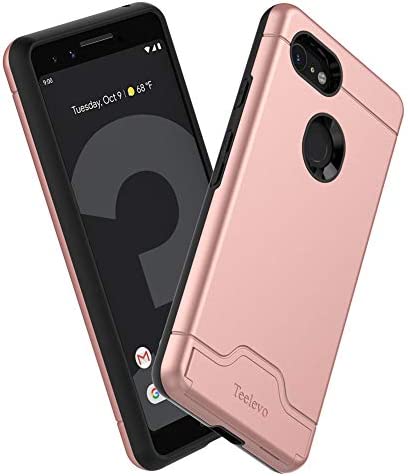 Teelevo Wallet Case for Google Pixel 3, Dual Layer Case with Card Slot Holder and Integrated Kickstand for Google Pixel 3 - Rose Gold