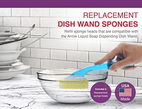 Arrow Dish Wand Sponge Refills, 6 Pack - Replacement Sponge Heads for Dish Wand, Made in the USA - Ideal for Quick, Convenient Cleaning - Easy to Refill, Built-In Scrubber, Ideal for Dishes and Pans