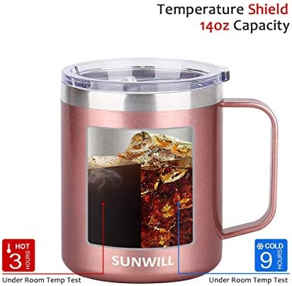 SUNWILL Coffee Mug with Handle, 14oz Insulated Stainless Steel Coffee Travel Mug, Double Wall Vacuum Reusable Coffee Cup with Lid, Rose Gold