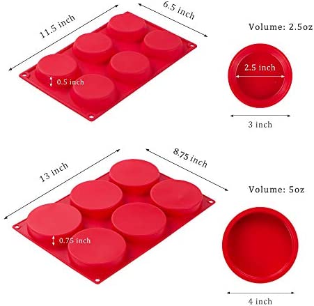 Webake Silicone Molds for 3 Inch and 4 Inch Round Disc Pan for Cake, Muffin Top, Bun, Custard, Tart, Resin Coaster, 6 Cavity, Red Set of 2