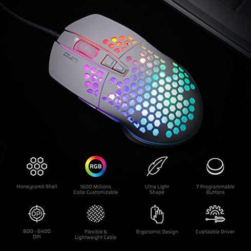 LTC Circle Pit HM-001 RGB Gaming Mouse with Lightweight Honeycomb Shell, Adjusted 6400DPI, 6 Programmable Buttons (White)