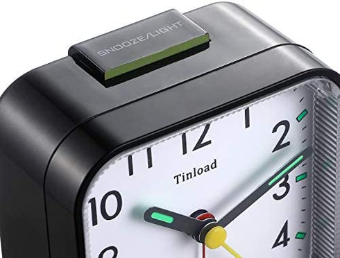 Tinload Small Battery Operated Analog Alarm Clock Silent Non Ticking, Ascending Beep Sounds, Snooze,Light Functions, Easy Set(Black)