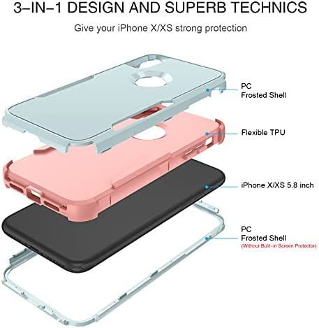 BENTOBEN iPhone X Case, iPhone Xs Case, 3 in 1 Heavy Duty Rugged Hybrid Hard PC Soft TPU Bumper Shockproof Non-Slip Protective Cases Cover for iPhone X (2017) / iPhone Xs (2018) 5.8 Inch, Green/Pink