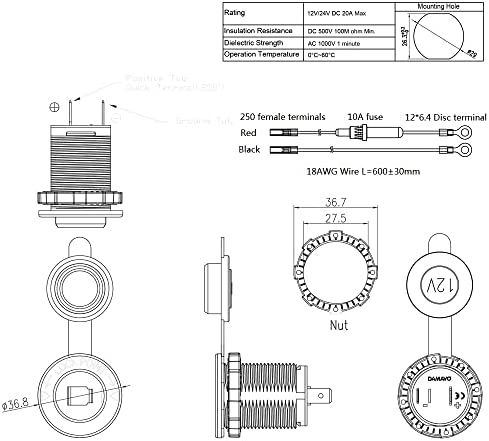 Female 12 Volt Cigarette Lighter Socket Car Automotive Marine ATV Truck RV Boats Lighter Socket Power Outlet Socket Receptacle, DAMAVO YM1084 12V/24V DC Flush Mount with Waterproof Plug (1 PC)