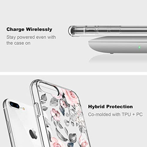 ICEDIO iPhone 8 Plus Case,iPhone 7 Plus Case with Screen Protector,Floral Designs for Girls Women,Shockproof Protective Phone Case for iPhone 8 Plus/7 Plus Pink Flowers Grey Leaves