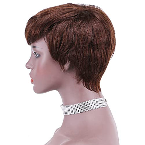 REYNA Short Straight Brown 100% Virgin Brazlian Bob Pixie Cut Wavy Non Lace Human Hair Wig with Bangs for Black Women(4#)