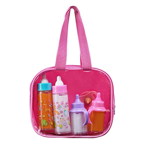 fash n kolor®, My Sweet Baby Disappearing Doll Feeding Set | Baby Care 4 Piece Doll Feeding Set for Toy Stroller | 2 Milk & Juice Bottles with Toy Pacifier for Baby Doll,