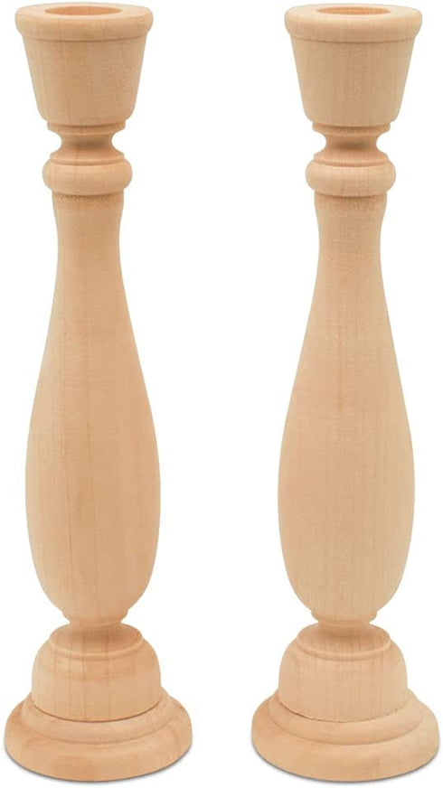 Woodpeckers Unfinished Wood Candlestick Holders 9 inch Tall with 7/8 inch Hole, Set of 2 Classic Craft Candlesticks to Paint or Decorate