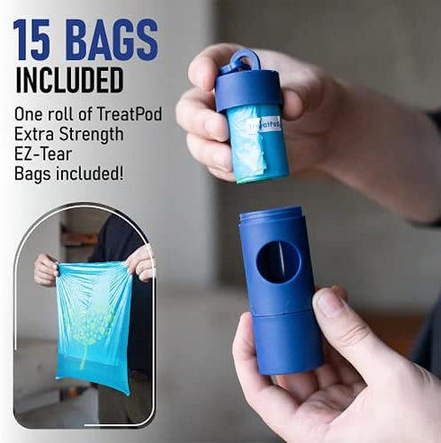 TreatPod Leash Treat Holder and Poop Bag Dispenser (Blue) - 2 in 1 Dog Waste Bag Dispenser and Treat Container, Includes 15 Eco Friendly Extra Strength Bags