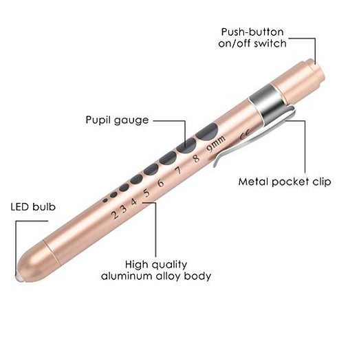 CAVN Pen Light with Pupil Gauge LED Penlight for Nurses Doctors, 2 Pcs Reusable Medical Penlight for Nursing Students Rose Gold and White