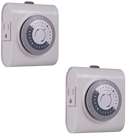 GE 24-Hour Heavy Duty Indoor Plug-in Mechanical 2 Pack, 2 Grounded Outlets, 30 Minute Intervals, Daily On/Off Cycle, for Lamps, Seasonal Lighting, Holiday Decorations, 46211 Timer, Gray/White, 2 Count