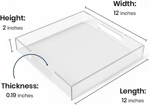Clear Acrylic Ottoman Tray with Handles -12x12x2 Inch- Decorative Serving Trays for Appetizer,Breakfast -Countertop Organizer Storage Tray for Kitchen,Bathroom,Living Room