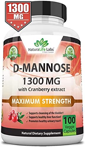 D-Mannose 1,300 mg with Cranberry Extract Fast-Acting, Flush Impurities, Natural Urinary Tract Health- 100 Veggie Capsules