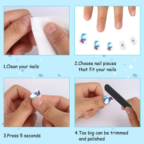 48Pcs Press on Nails for Kids Full Cover Short Fake Stick on Nails for Girls False Nails Lovely Children Gift Nail Art Decoration (Blue Ocean)