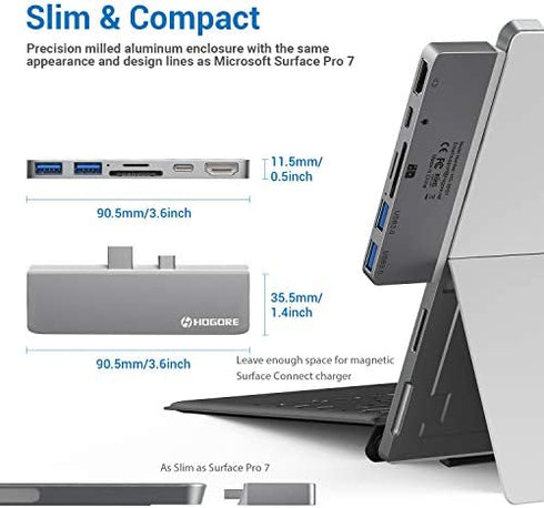 Surface Pro 7 USB C Hub, HOGORE 6-in-2 Surface Pro Adapter Dock with 4K HDMI, USB C PD charging, 2USB3.0,SD/MicroSD Card Reader, for Microsoft Surface Pro 7 Accessories, MS Surface Pro Docking Station