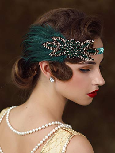 SWEETV 1920s Flapper Feather Headband, 20s Sequined Showgirl Headpiece, Gatsby Hair Accessories for Women (Dark Green)