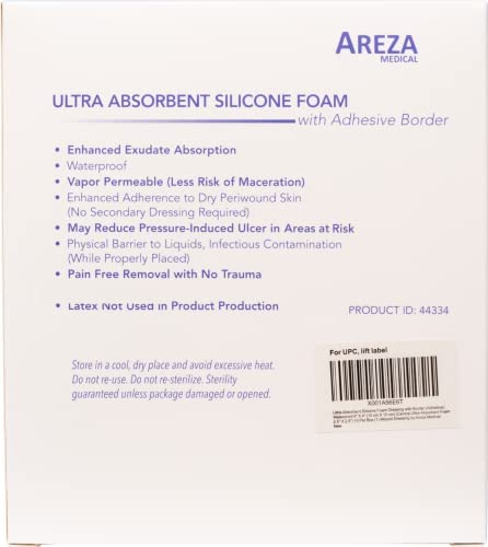Ultra-Absorbent Silicone Foam Dressing with Border (Adhesive) Waterproof 4" X 4" (10 Cm X 10 Cm) (Central Ultra-Absorbent Foam 2.5" X 2.5") 10 Per Box (1) Wound Dressing by Areza Medical