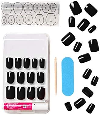 KISS Gel Fantasy Ready-to-Wear Press-On Gel Nails, “Aim High”, Short, Black, Nail Kit with 24 Mega Adhesive Tabs, Pink Gel Glue, Manicure Stick, Mini File, and 28 Fake Nails
