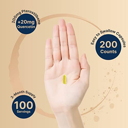 2 in 1 Formula Pterostilbene Quercetin Supplements, 200mg per Serving, 200 Capsules, Naturally Sourced from Wild Blueberry, Supports Healthy Aging, Longevity, Memory, Concentration and Cardio Health