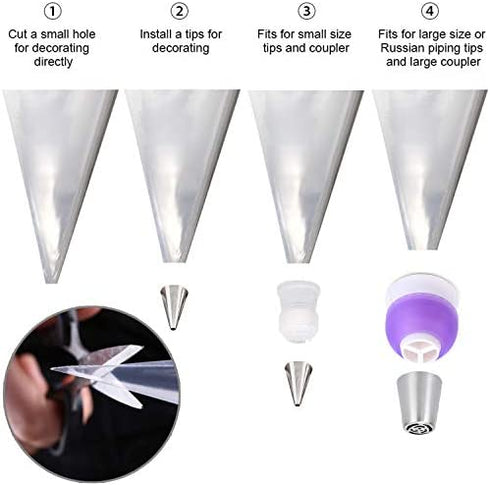 GEMLON Disposable Icing Piping Bags and Tips Set, 100Pcs 12 Inch Clear Plastic Pastry Bags Icing Piping Bags, Cookies&Cupcake&Cake Decorating Tool Supplies with Frosting Bags&6 Tips&2 Couplers&2 Ties
